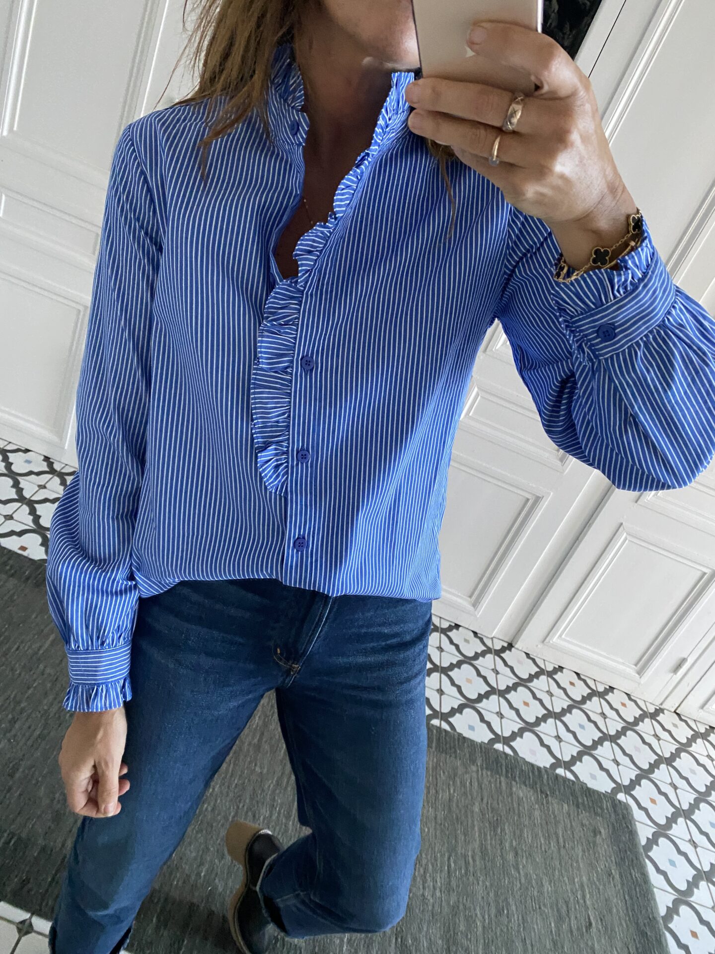 chemise rayures bleu col volanté